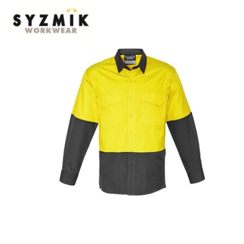 SYZMIK - Mens Rugged Cooling Hi Vis Long Sleeve Shirt (ZW128) - YELLOW/NAVY, YELLOW/CHARCOAL, ORANGE/NAVY OR ORANGE/CHARCOAL