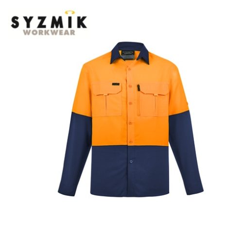 SYZMIK - Mens Hi Vis Outdoor Long Sleeve Shirt (ZW468) - YELLOW/NAVY OR ORANGE/NAVY