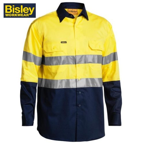 BISLEY- TAPED HI VIS COOL LIGHTWEIGHT DRILL SHIRT - LONG SLEEVE (BS6896) - PINK/NAVY, YELLOW/BOTTLE, ORANGE/NAVY OR YELLOW/NAVY