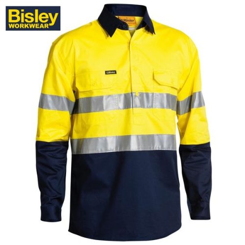 BISLEY- TAPED HI VIS CLOSED FRONT COOL LIGHTWEIGHT SHIRT - LONG SLEEVE (BSC6896) - ORANGE/NAVY OR YELLOW/NAVY