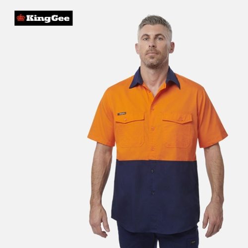 KING GEE-  Workcool 2 Hi-Vis Two Tone Short Sleeve Drill Work Shirt (K54875) - Orange/Navy, Yellow/Navy,